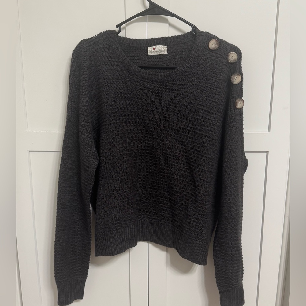 Poof Apparel Grey Button-Shoulder Knit Sweater